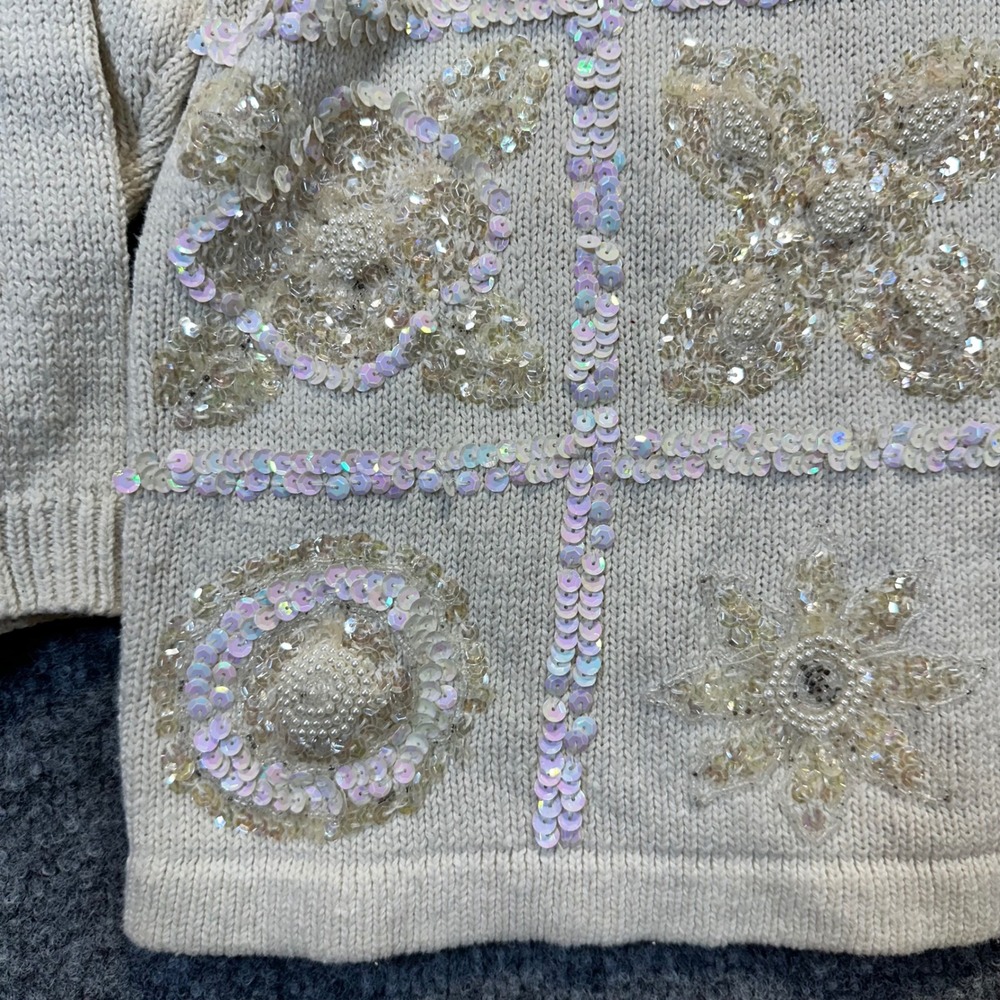 Work in Progress Sweater Women Medium Cream Sequin Beaded Vintage Glam Party - Picture 2 of 15